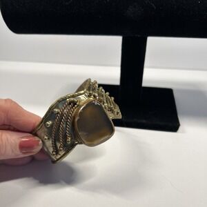 Vintage Studio Art Silver Tone Copper Bracelet Cuff Brown Stone